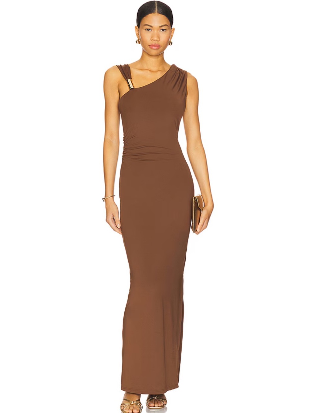 SNDYS BAYLEE MAXI DRESS One-Shoulder Brown stretch Revolve NWT L
